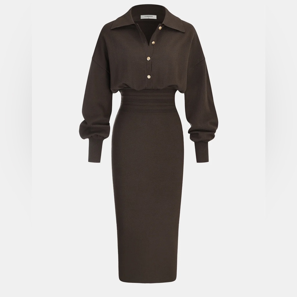 124 Commense Cinched Waist Knit Shirt Dress